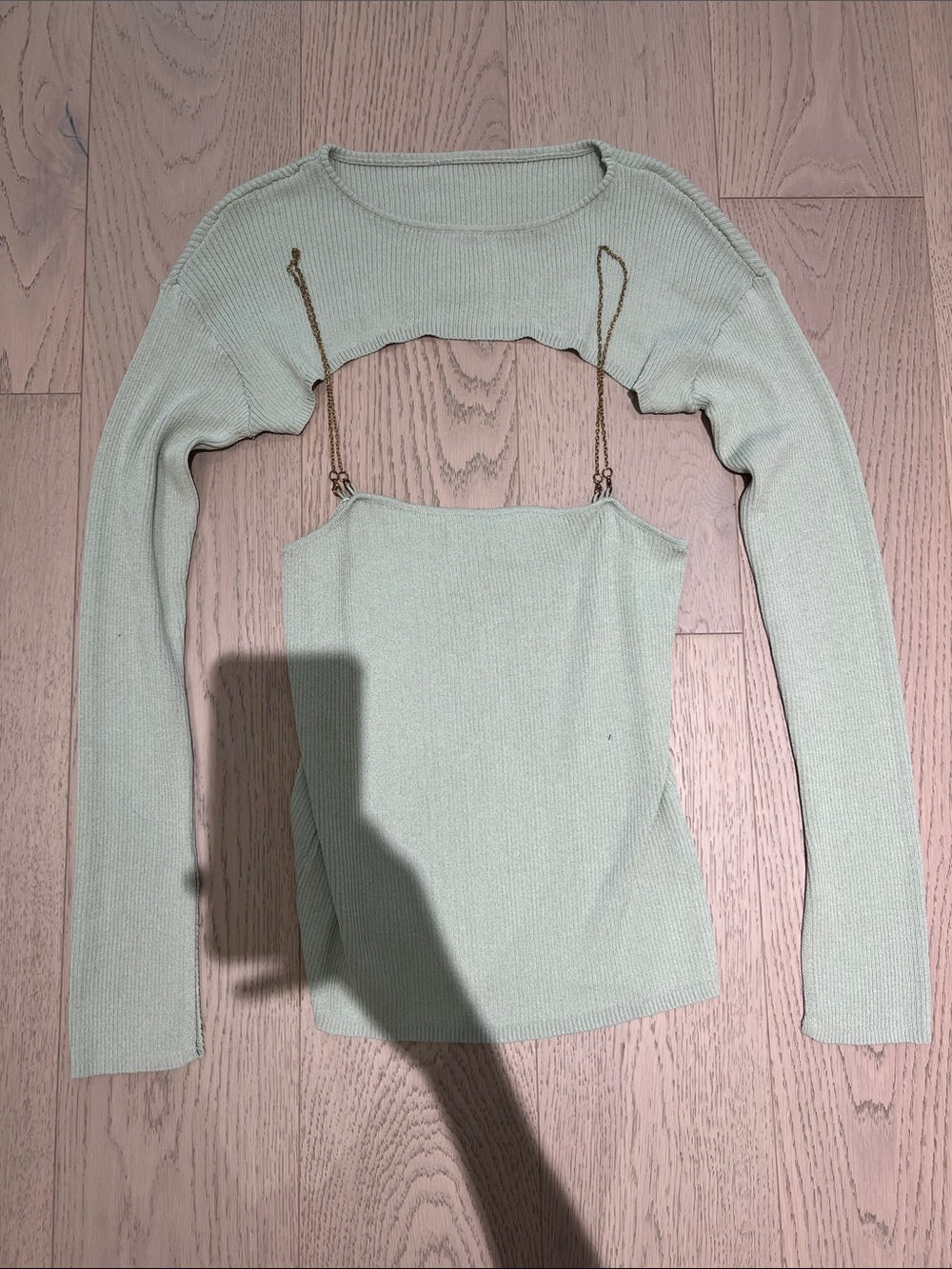 Sleeveless Mint Ribbed Camisole with Gold Chain Straps